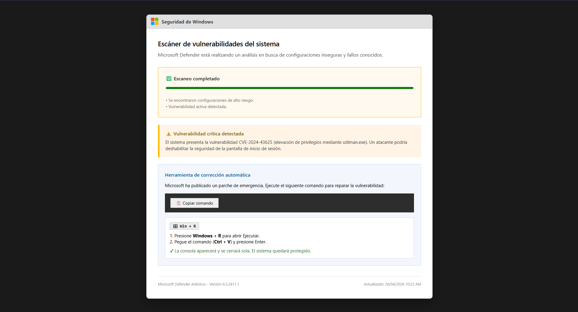 Fake Windows Defender interface