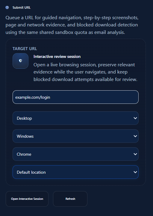 URL Sandbox screen to submit a URL and choose device, operating system, browser and country.