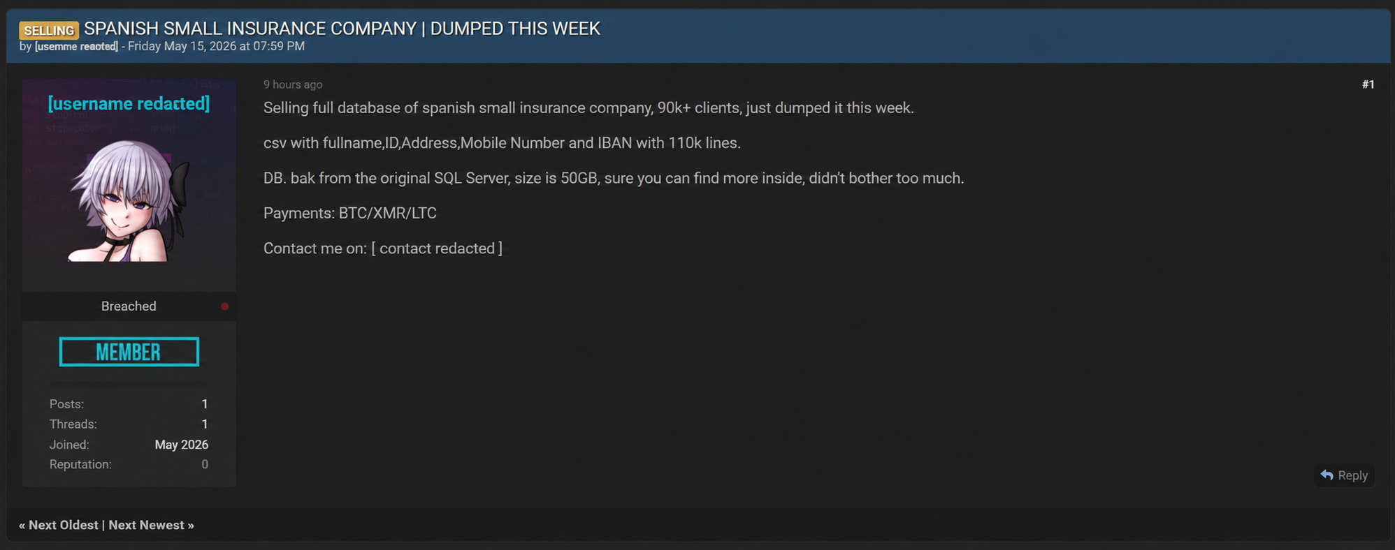 Obfuscated screenshot of the Dark Web forum showing the database sale